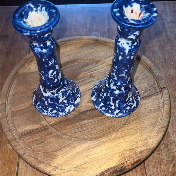 Vintage Handmade Pottery Candlesticks in Country Blue Pattern - Picture 1 of 5